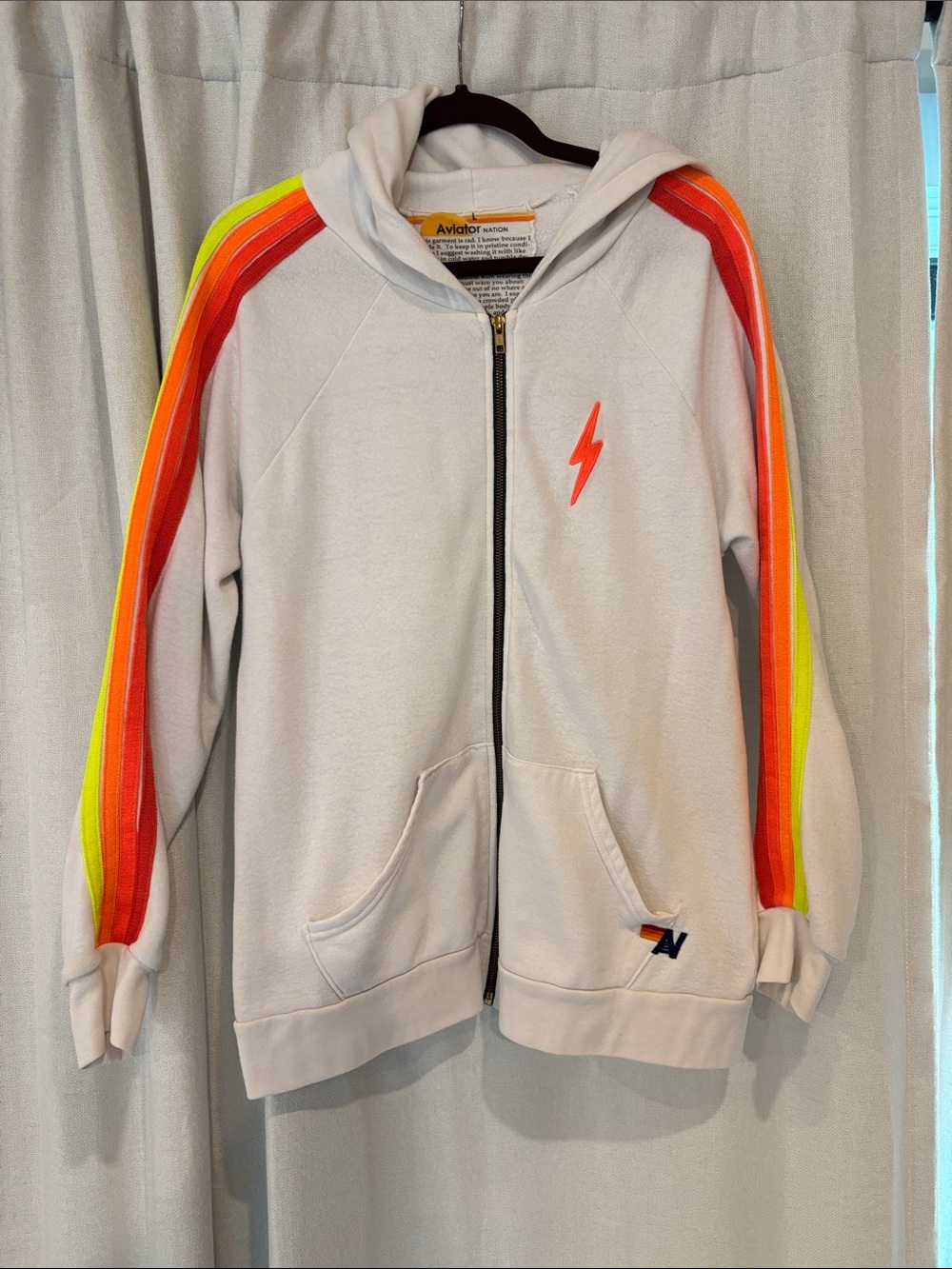 Aviator Nation women’s White Zip Hoodie with Neon Orange & Yellow Stripe